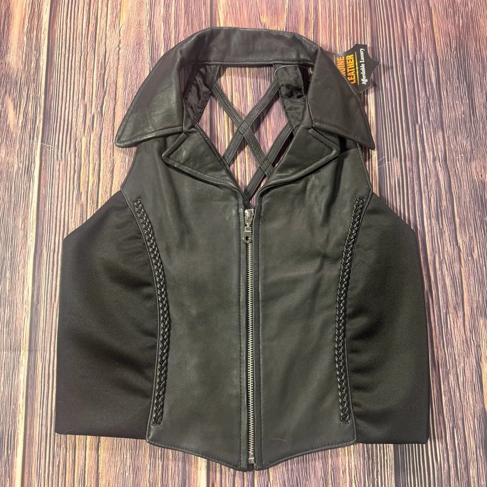 NWT‎ Women’s Black Leather Front Zip Vest With Fun Braided Open Back Halter Top